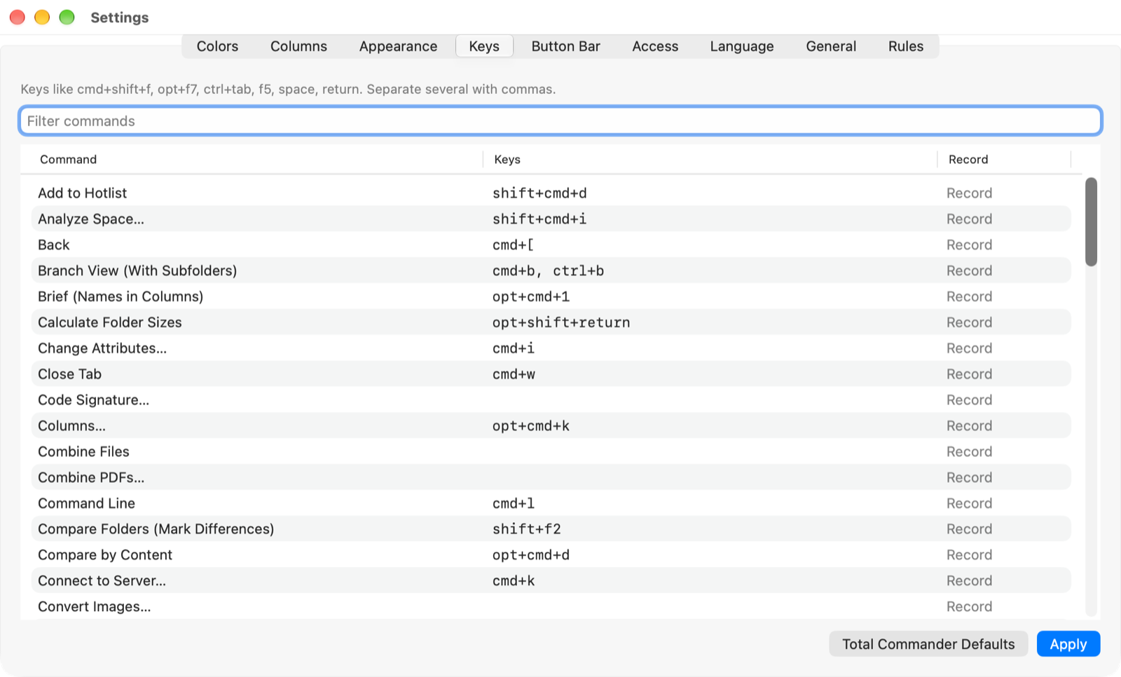Settings, Keys tab, listing commands with their shortcuts and a Total Commander Defaults button